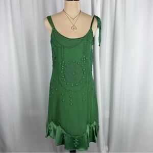 Vtg Nataya Green 100% Silk Dress S Gatsby Tea Party Embroidered Tie Shoulder EUC